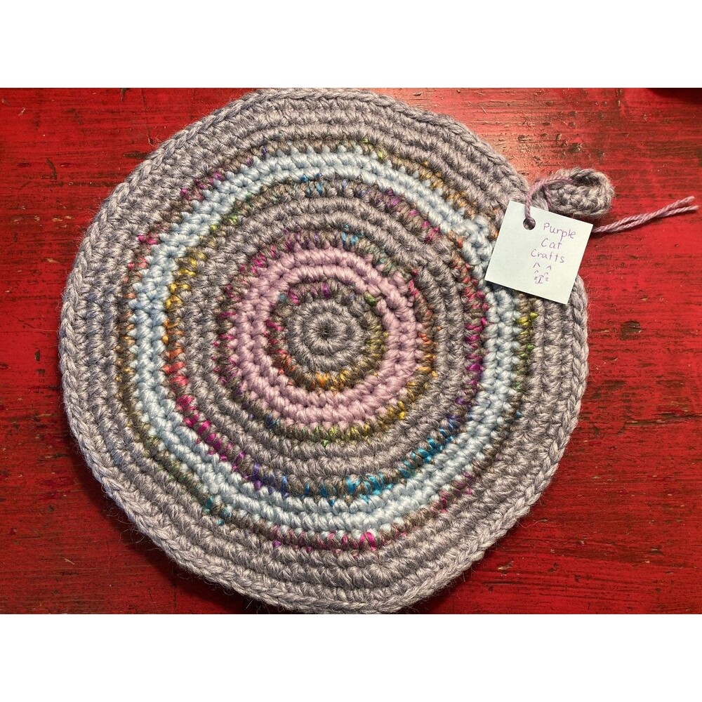 PURPLE CAT CRAFTS Handmade Crocheted Trivet Potholder Hot Pad Gray Round